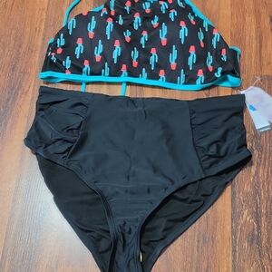 Time and Tru Black Bikini Set with Turquoise Trim and Coral Cactus Print